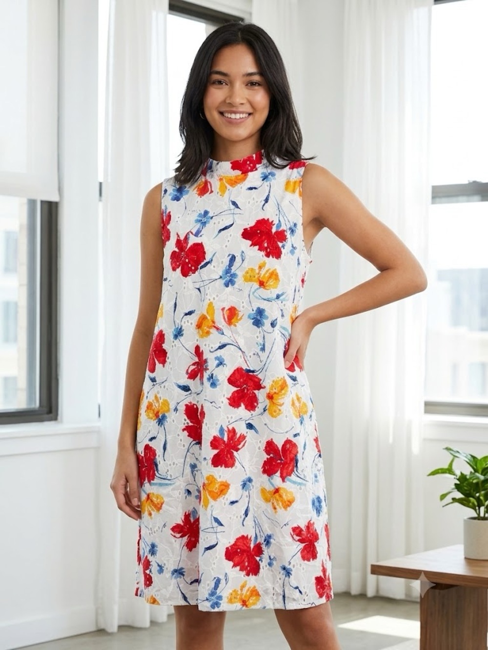 Anne Klein White Dress with Red & Blue Floral Accents